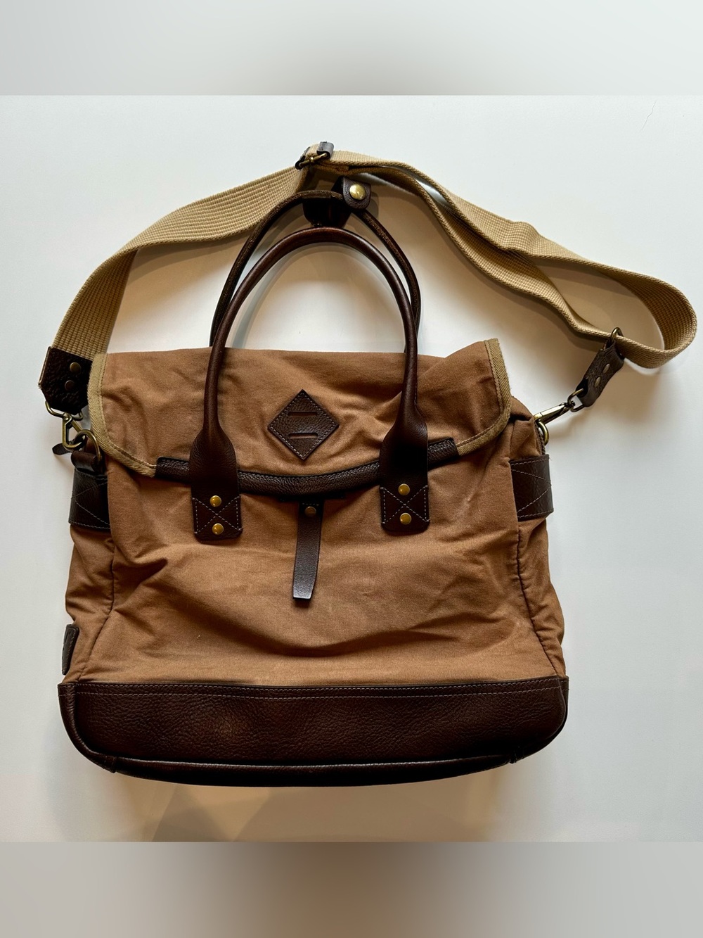 Will Leather Goods Canvas Leather Messenger Briefcase Brown Tan 15”